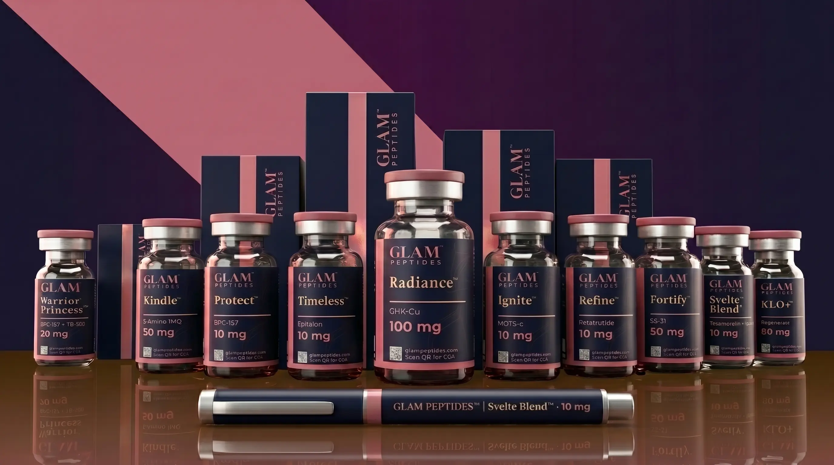 Glam Peptides — full product lineup with packaging and pen